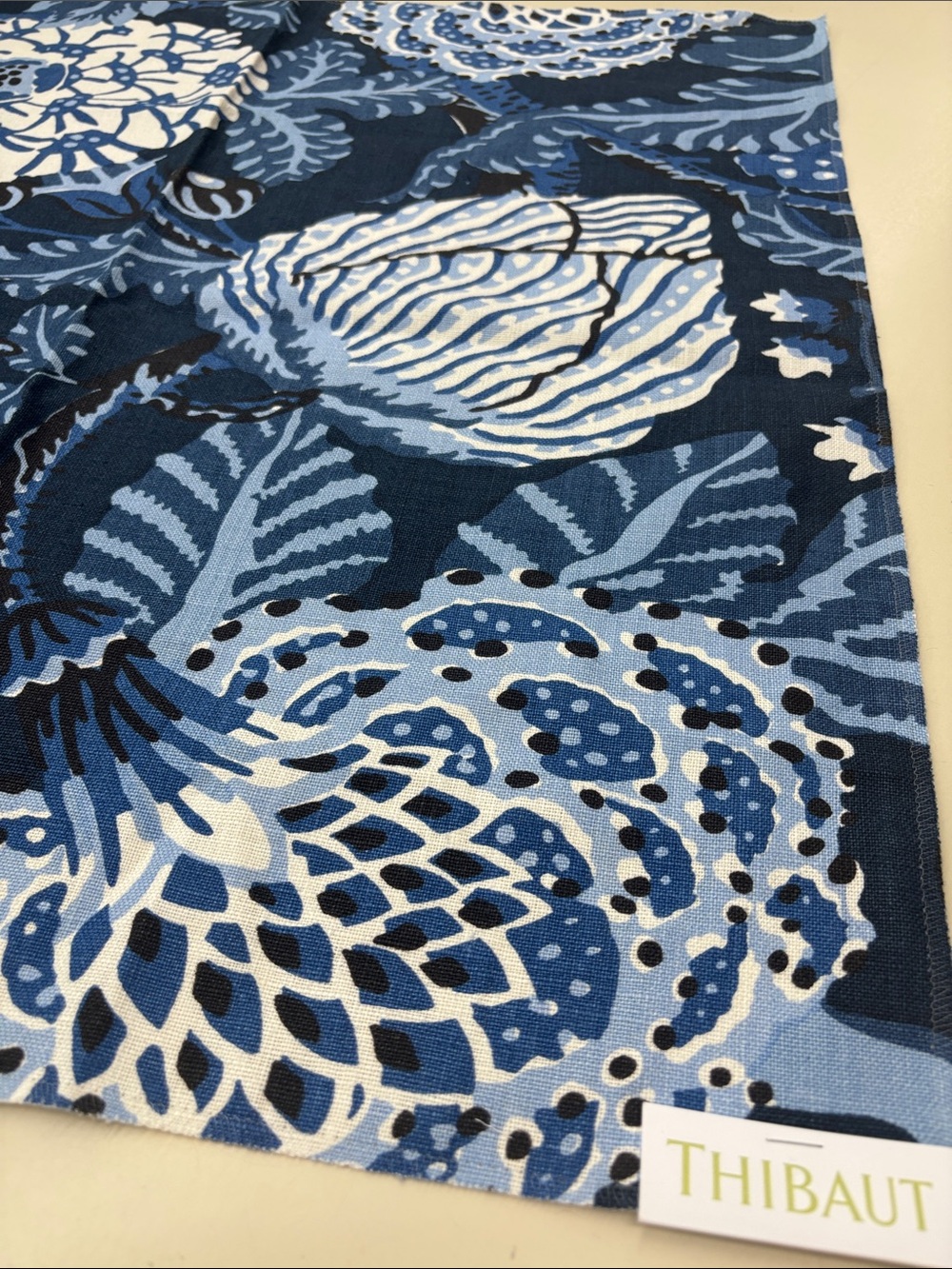 Thibaut Mitford Navy Blue Floral Upholstery/Decor Fabric sample.